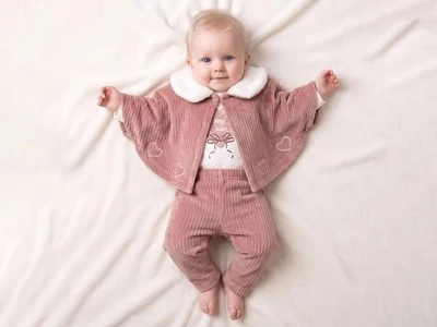 Toptan ELCİ BABY Yarasa Kol Detay 3'lü Kız Bebek Takım PUDRA - Beniz Bebe