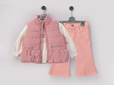 Toptan BEYAZ BEBEK Yelekli 3'lü Kız Bebek Takım PEMBE - Beniz Bebe
