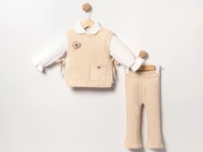Toptan EYMUS Yelekli 3'lü Kız Bebek Takım BEJ - Beniz Bebe