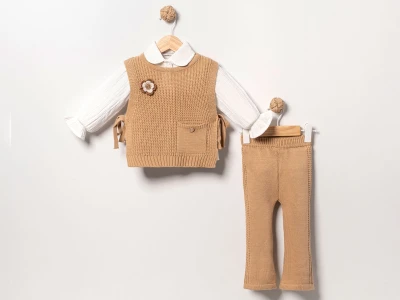 Toptan EYMUS Yelekli 3'lü Kız Bebek Takım CAMEL - Beniz Bebe