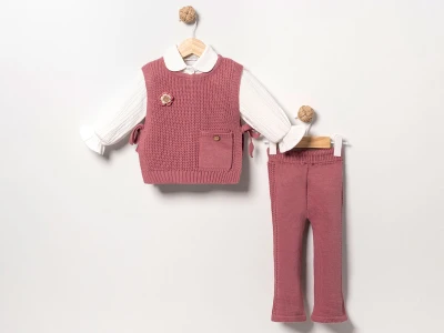 Toptan EYMUS Yelekli 3'lü Kız Bebek Takım PEMBE - Beniz Bebe