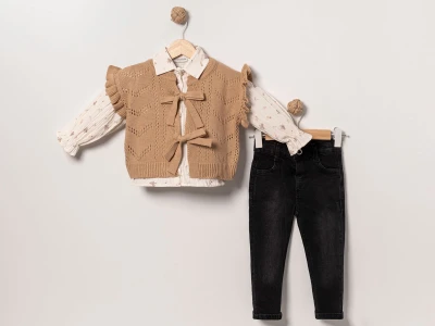 Toptan EYMUS Yelekli 3'lü Kız Çocuk Takım - Toptan Çocuk Giyim Beniz Kids