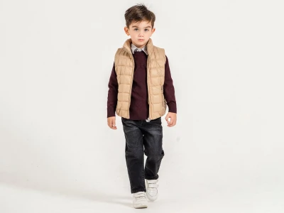 Toptan YAVRUCAK Yelekli 4'lü Erkek Çocuk Takım Beige - Beniz Bebe