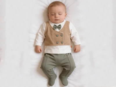 Yelekli Papyonlu Erkek Bebe Beşli Yeni Doğan Zıbın Set 