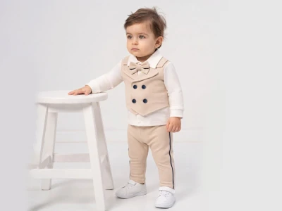 Toptan CAYZEN Yelekli Papyonlu Üçlü Erkek Bebek Takım - Toptan Çocuk Giyim Beniz Kids