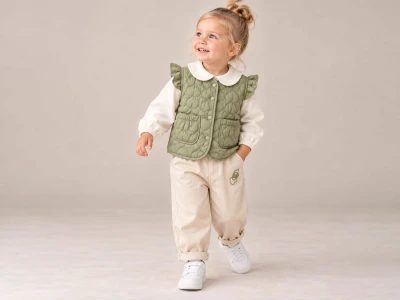 Toptan ECOLKIZ Yelekli Üçlü Kız Takım YEŞİL - Beniz Bebe