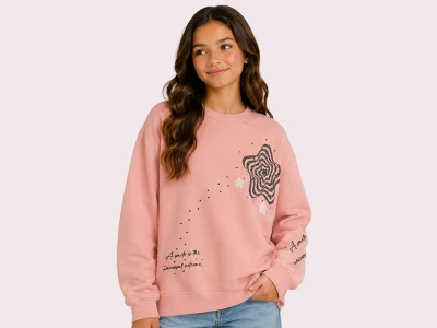 Toptan ROYA KİDS Yıldız Baskılı 3 İp Şardonlu Kız Sweat  PEMBE - Beniz Bebe