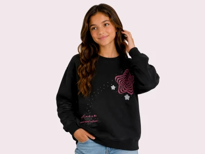 Toptan ROYA KİDS Yıldız Baskılı 3 İp Şardonlu Kız Sweat  SİYAH - Beniz Bebe
