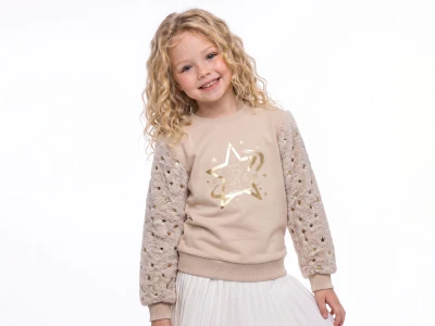 Toptan ENJOY BABY Yıldız Desenli Peluş Detaylı 2 İp Şardonlu Kız Sweat  BEJ - Beniz Bebe