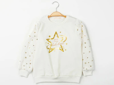 Toptan ENJOY BABY Yıldız Desenli Peluş Detaylı 2 İp Şardonlu Kız Sweat  BEYAZ - Beniz Bebe