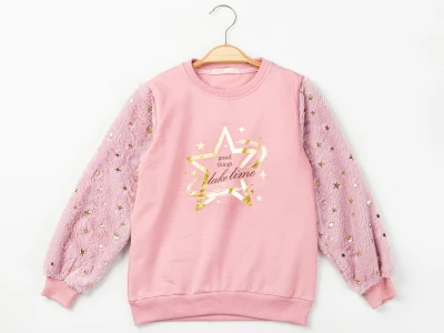 Toptan ENJOY BABY Yıldız Desenli Peluş Detaylı 2 İp Şardonlu Kız Sweat  AÇIKPEMBE - Beniz Bebe