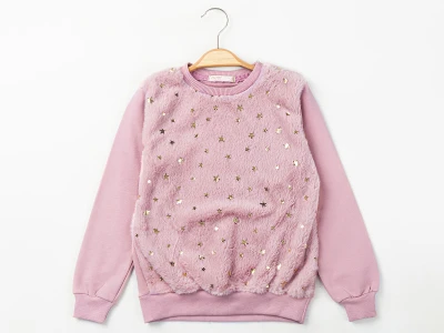 Toptan ENJOY BABY Yıldız Desenli Peluş Kumaş Detaylı 2 İp Şardonlu Kız Sweat  GÜLKURUSU - Beniz Bebe