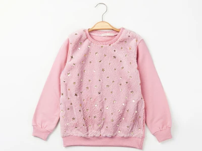 Toptan ENJOY BABY Yıldız Desenli Peluş Kumaş Detaylı 2 İp Şardonlu Kız Sweat  PEMBE - Beniz Bebe