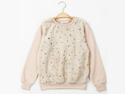 Toptan ENJOY BABY Yıldız Desenli Peluş Kumaş Detaylı 2 İp Şardonlu Kız Sweat  - Toptan Çocuk Giyim Beniz Kids