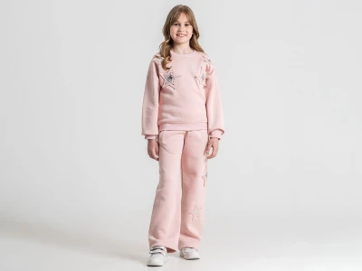 Toptan PAMPAL KİDS Yıldız Detaylı 3 İp Şardonlu Kız Takım  Pink - Beniz Bebe