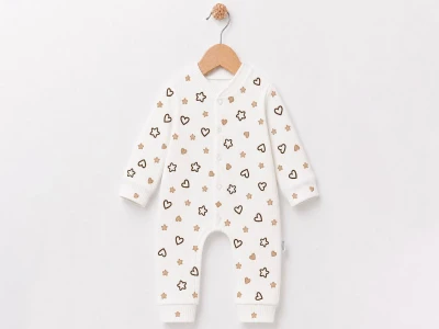 Toptan SÜPERMİNİ  Yıldız & Kalp Desenli Kız Bebe Tulum KAHVERENGİ - Beniz Bebe