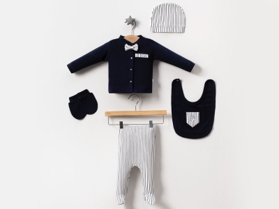 Toptan BABY ZUHU Yıldız Nakışlı Çizgili 5li Erkek Hastane Çıkışı Zıbın Set - Toptan Çocuk Giyim Beniz Kids