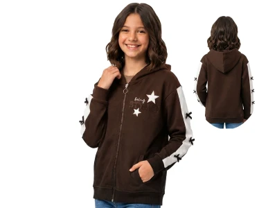 Toptan ROYA KİDS Yıldız Nakışlı Fiyonk Detaylı Cepli Kapşonlu 3 İp Kız Hırka  - Toptan Çocuk Giyim Beniz Kids