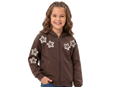 Toptan ROYA KİDS Yıldız Nakışlı Kapşonlu Cepli 3 İp Kız Hırka  - Toptan Çocuk Giyim Beniz Kids