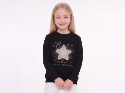 Toptan ENJOY BABY Yıldız Nakışlı Taş Detaylı 2 İp Şardonlu Kız Sweat  SİYAH - Beniz Bebe
