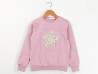 Toptan ENJOY BABY Yıldız Nakışlı Taş Detaylı 2 İp Şardonlu Kız Sweat  GÜLKURUSU - Beniz Bebe