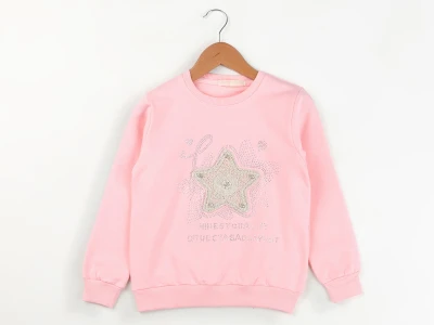 Toptan ENJOY BABY Yıldız Nakışlı Taş Detaylı 2 İp Şardonlu Kız Sweat  PEMBE - Beniz Bebe