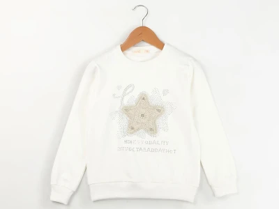 Toptan ENJOY BABY Yıldız Nakışlı Taş Detaylı 2 İp Şardonlu Kız Sweat  BEYAZ - Beniz Bebe