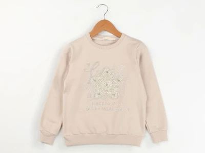 Toptan ENJOY BABY Yıldız Nakışlı Taş Detaylı 2 İp Şardonlu Kız Sweat  BEJ - Beniz Bebe