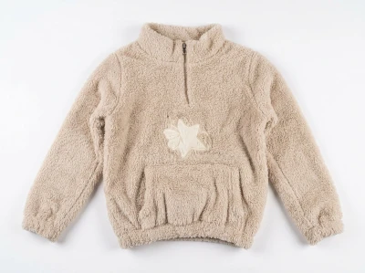 Toptan MENSİS Yıldız Nakışlı Yarım Fermuarlı Welsoft Peluş Kız Sweat Beige - Beniz Bebe