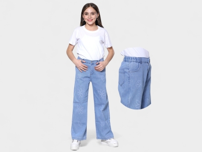 Zambak Baskılı Geniş Paçalı Kız Kot Pantolon
