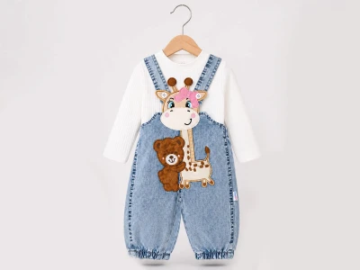 Toptan BABY İCON Zürafa Nakışlı Kız Bebek Kot Salopet Set - Toptan Çocuk Giyim Beniz Kids