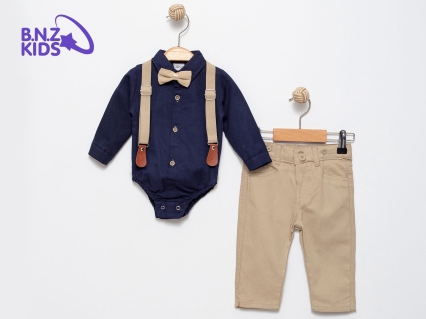 Papyonlu Çıtçıtlı Oxford Erkek Bebe Takım