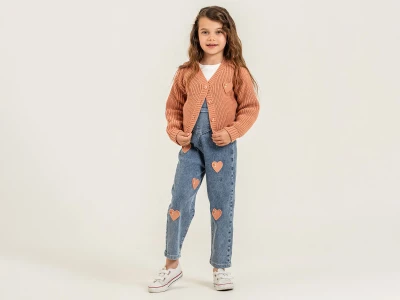 Toptan PAMPAL KİDS kalp Nakışlı Triko Hırkalı Kot Kız Üçlü Salopet Set - Toptan Çocuk Giyim Beniz Kids
